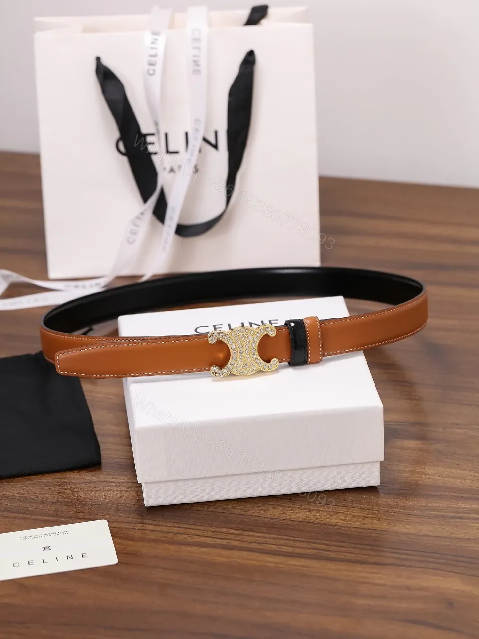 View 4 of Black Leather Belt with Gold Crystal Clasp Belt