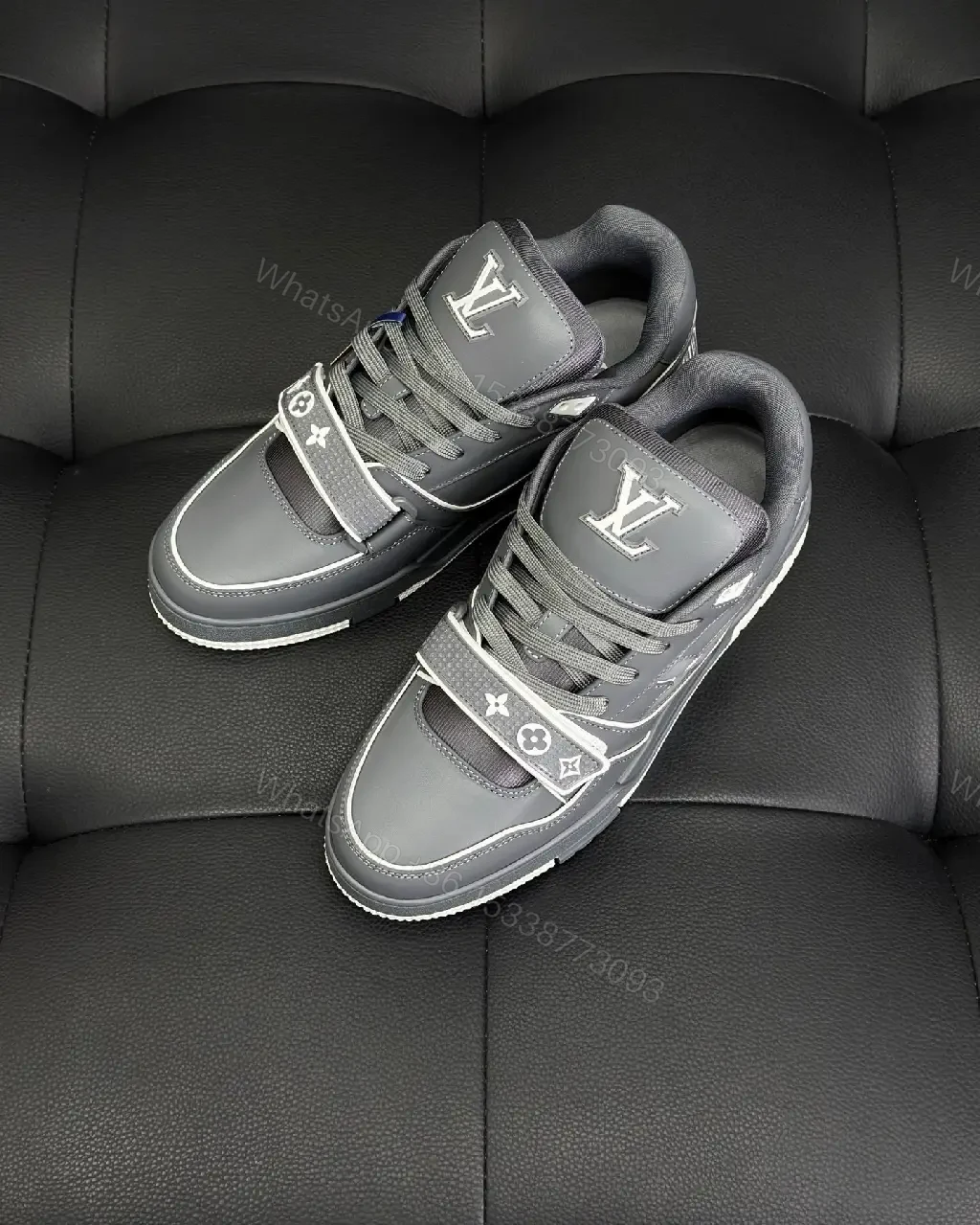 Grey Leather Structured Sneakers with Velcro Detail — view 1