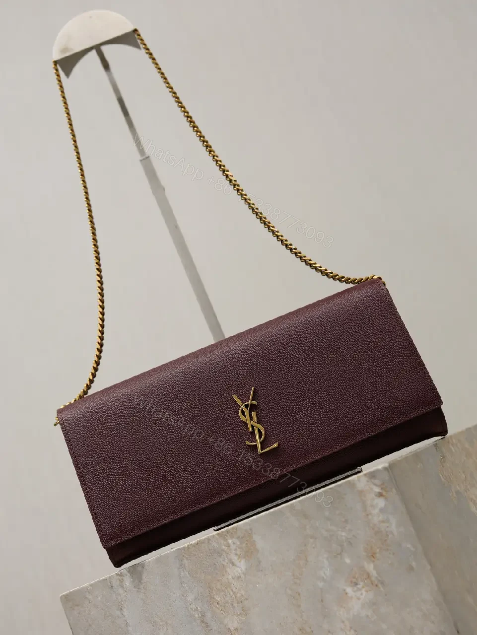 View 6 of Burgundy Leather Structured Shoulder Bag with Gold Hardware