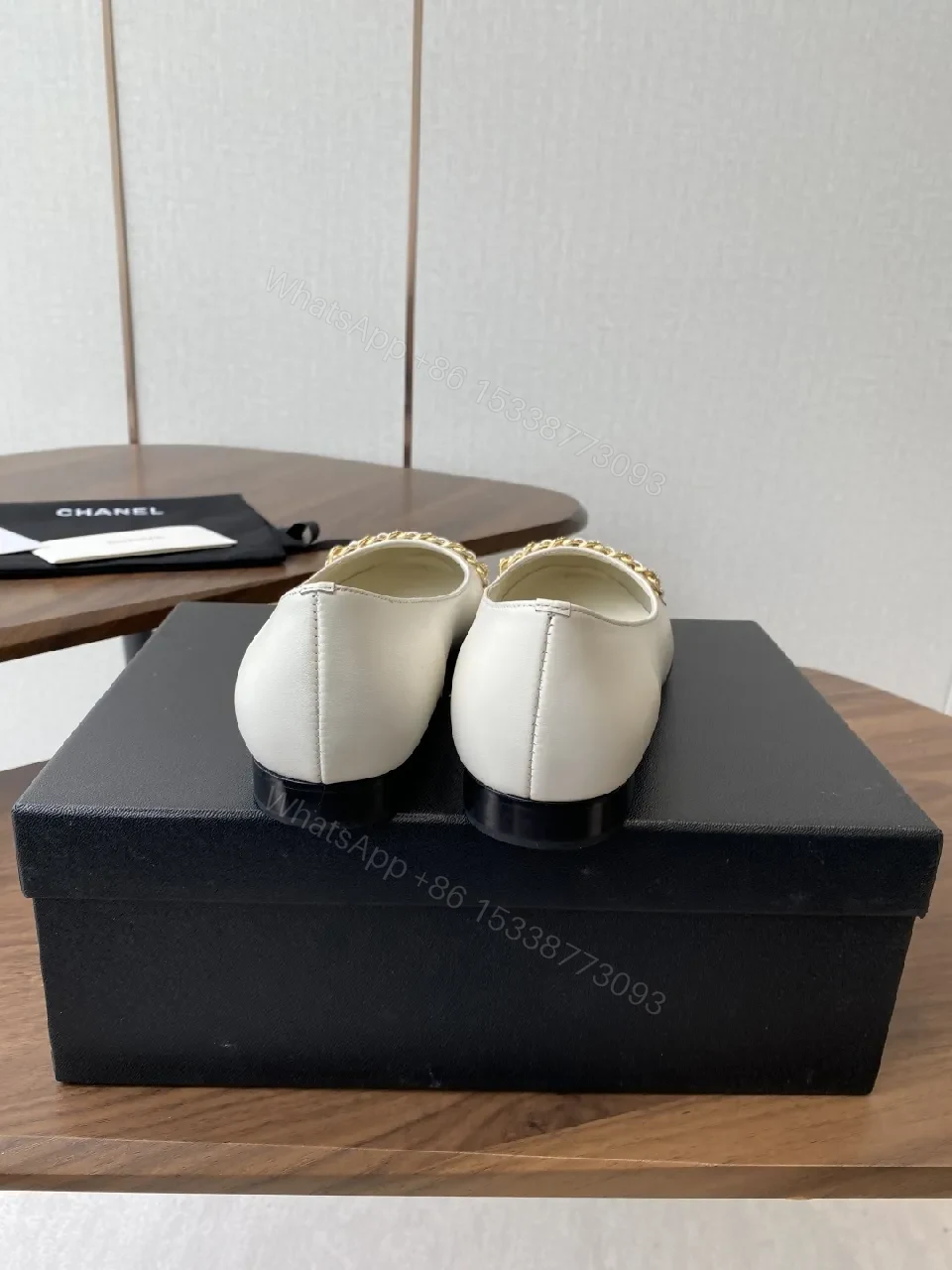 View 7 of White Leather Ballet Flats with Gold Chain Detail - Luxe Comfort
