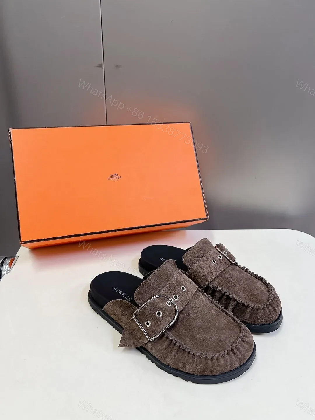 View 5 of Hermes Women Brown Suede Buckle Mules