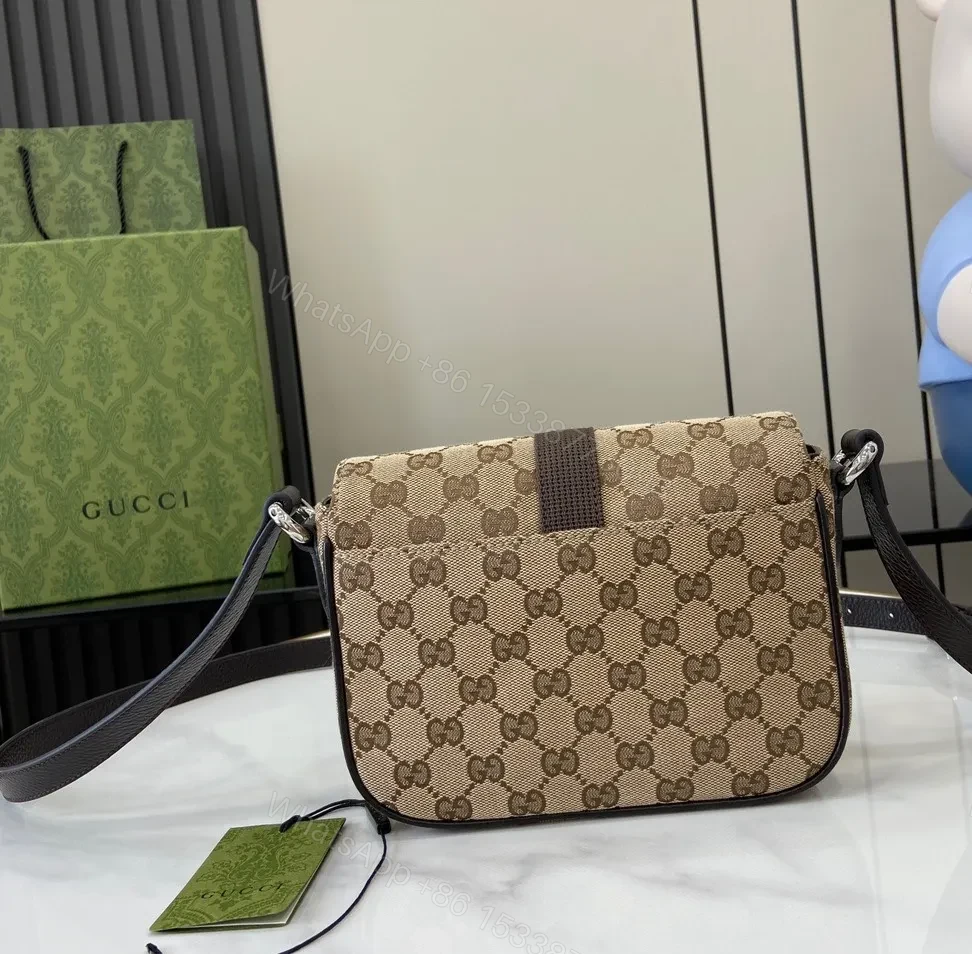 View 4 of Beige Canvas GG Messenger with Modern Webbed Strap