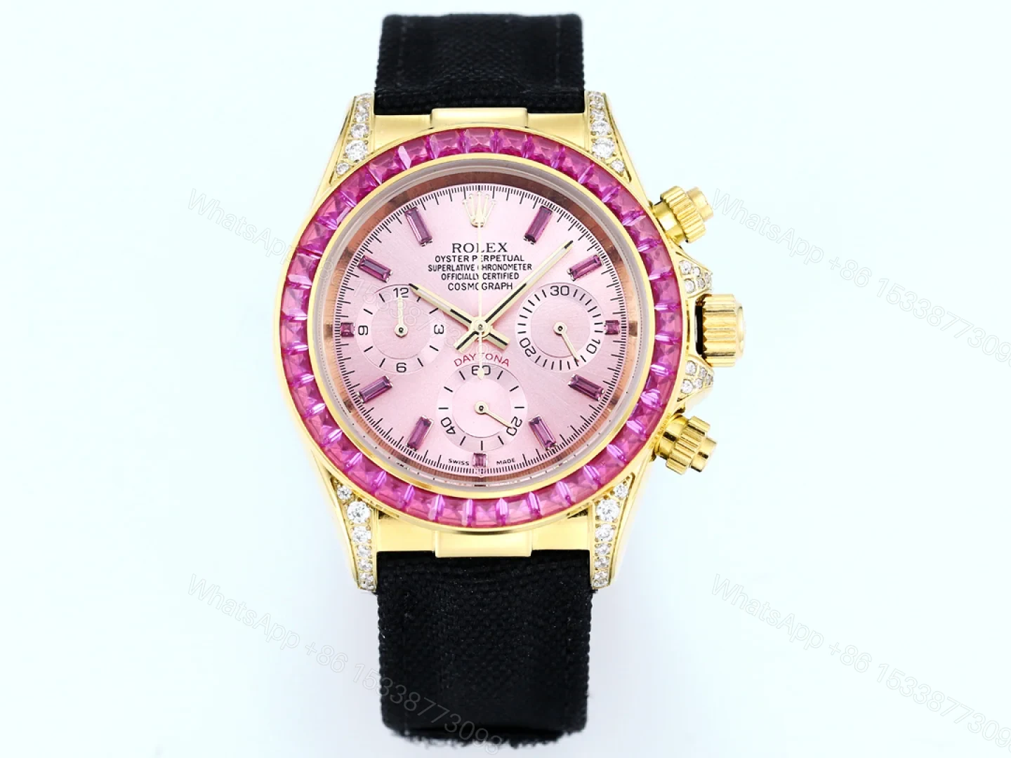 Rolex Daytona Pink Ruby Black Strap Replica 43MM Exclusive Gold Case Edition RG-ROLEX-DAYTONA-PINK-RUBY-BLACK-43 — view 1