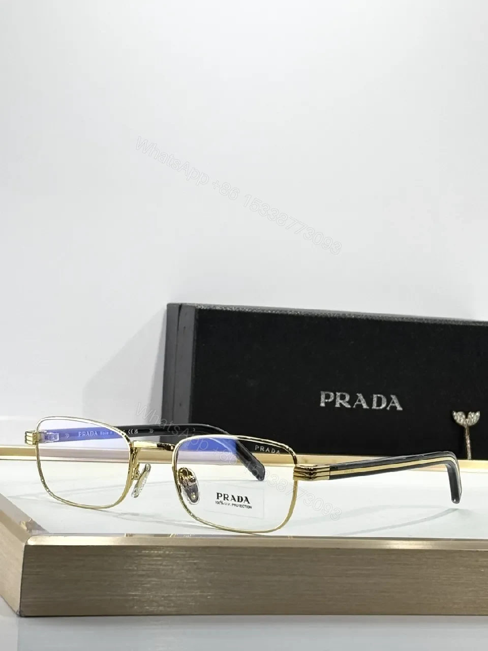 Gold-Tone Metal Eyewear, Rectangular, Luxury, Blue-Light, Glasses — view 1