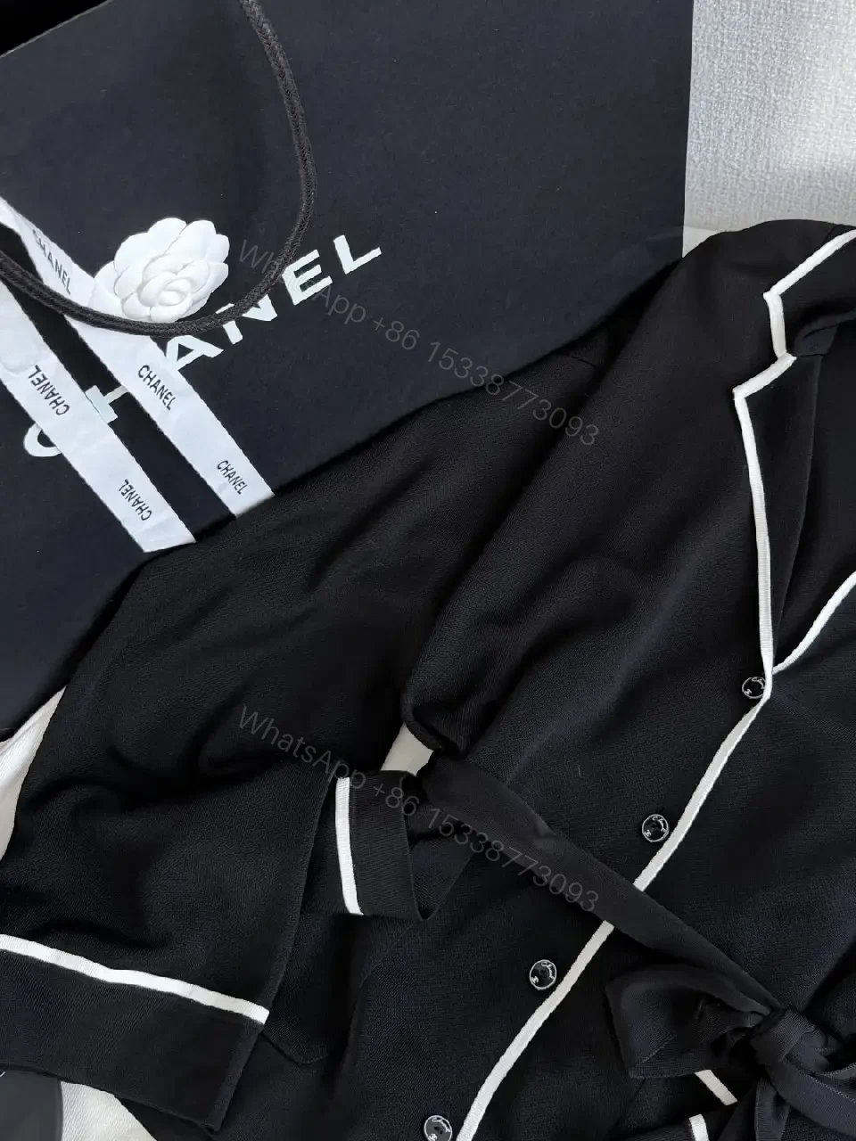 View 8 of Black Belted Robe-Style Cardigan with White Piping, Front Placket, Cuffs, Hem, Button Closure, Chanel-Inspired