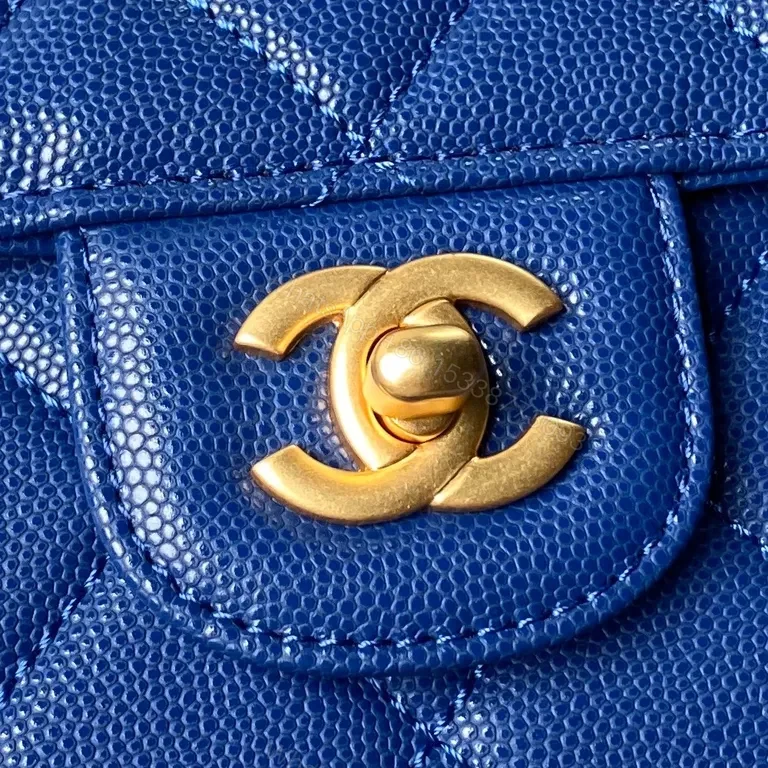 View 9 of Blue Quilted Mini Bag with Gold Hardware - Luxury Caviar Leather Style