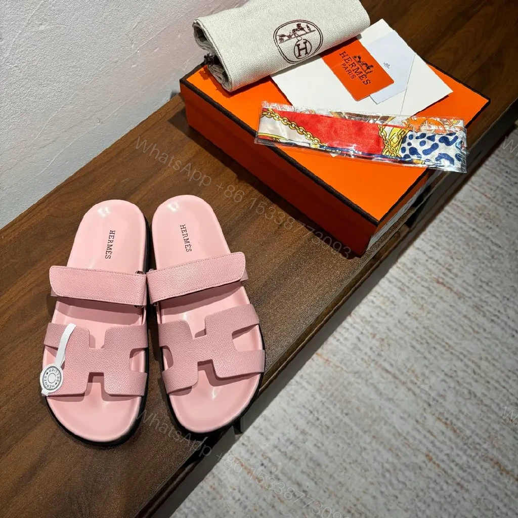 View 9 of Pink Leather Slides with Signature Hardware Luxury Comfort