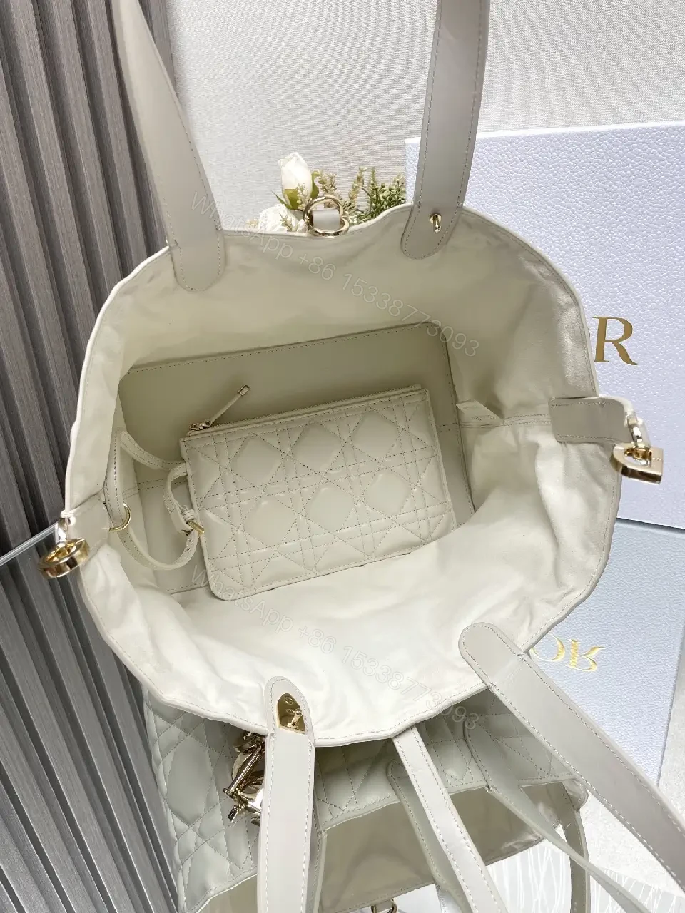 View 8 of Soft Quilted Dome Handbag, Ivory Leather, Couture-Inspired, Gold Charm, Handbag