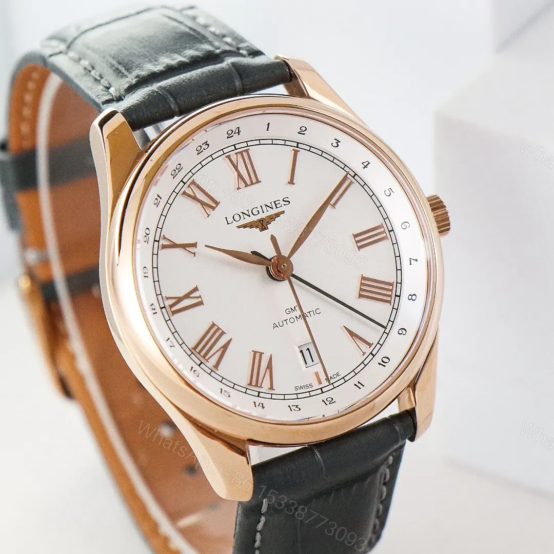 View 2 of Longines Master Classic Reproduction GMT Dual Time Watch Rose Gold with White Dial Roman Numerals and Grey Italian Leather Strap