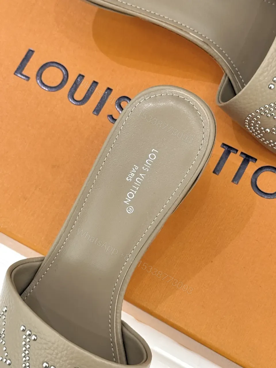View 2 of Textured Taupe Slip-On Sandals – Lux Comfort, Subtle LV Style