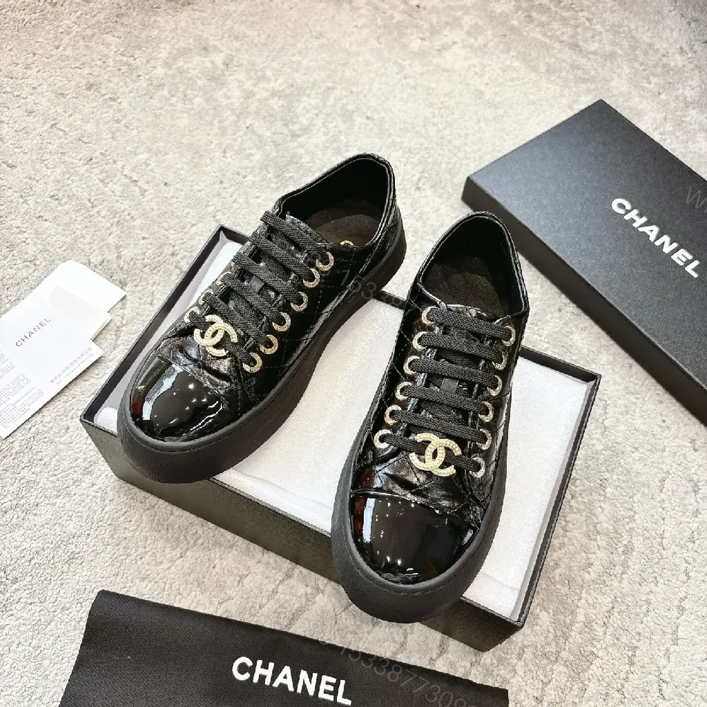 View 3 of Glossy Patent Leather Low-Tops with Gold Logo Hardware Sneakers
