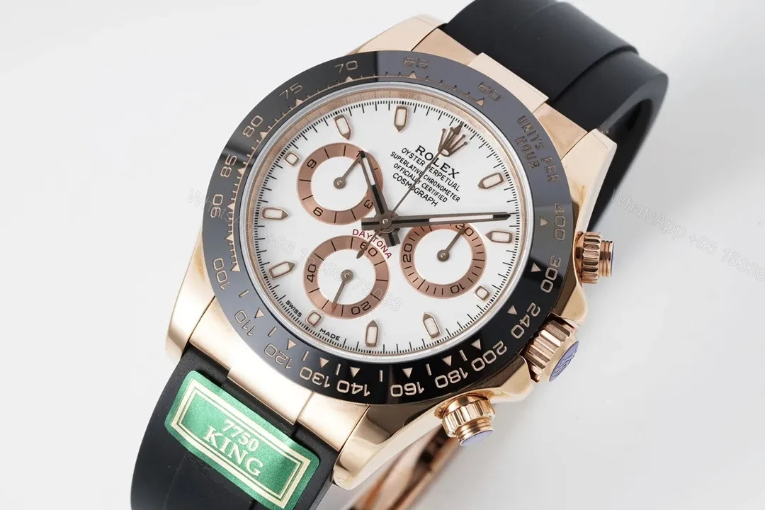 View 3 of Clean Factory KING ROLEX Daytona Rose Gold White Dial Rubber Strap Watch – Premium Replica with 7750 Movement