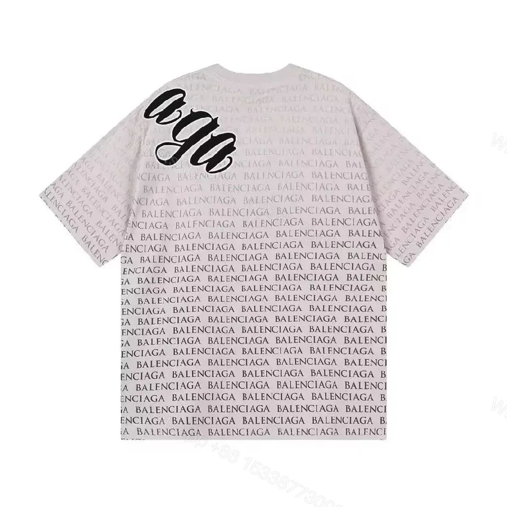 View 2 of Bold Monogram Tee: White Cotton with All-Over Black Script Pattern