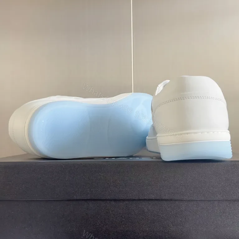 View 7 of Premium White Chanel-Style Leather Sneakers with Light Blue Laces