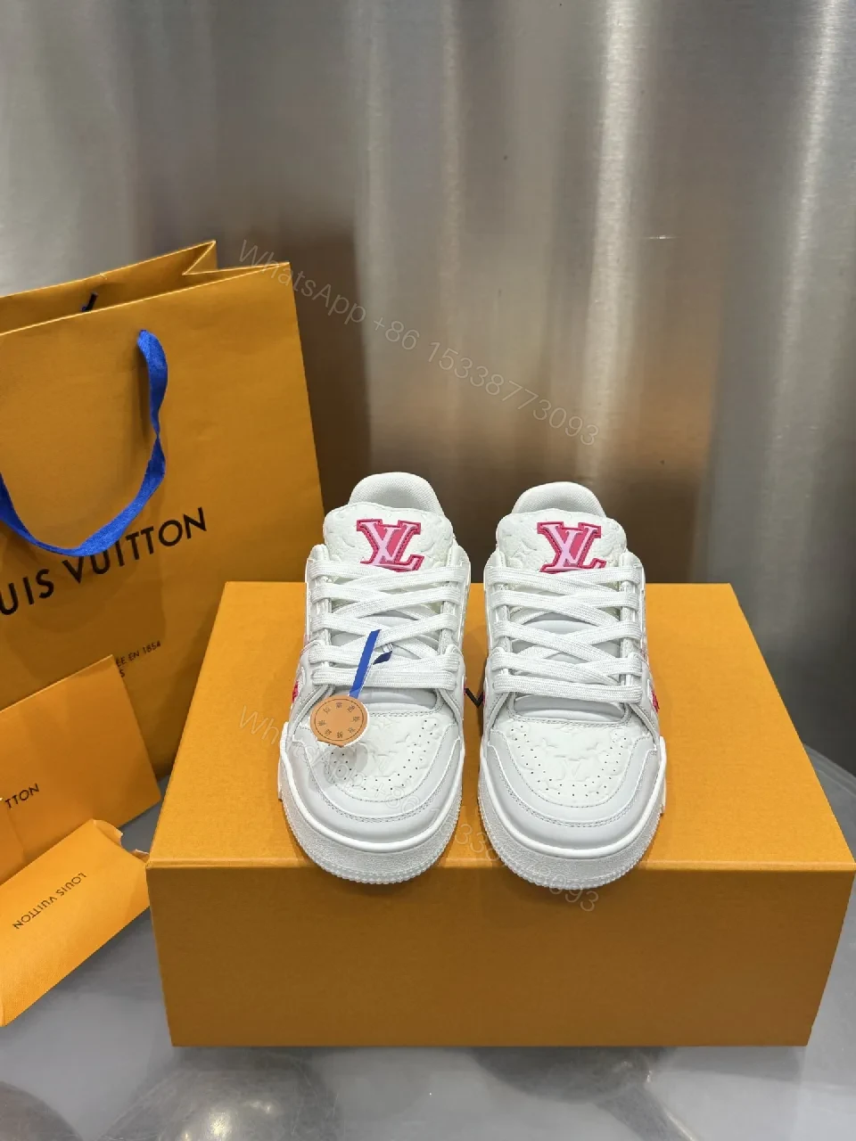 View 6 of White Leather Low-Top Trainer with Pink Embroidery Detail