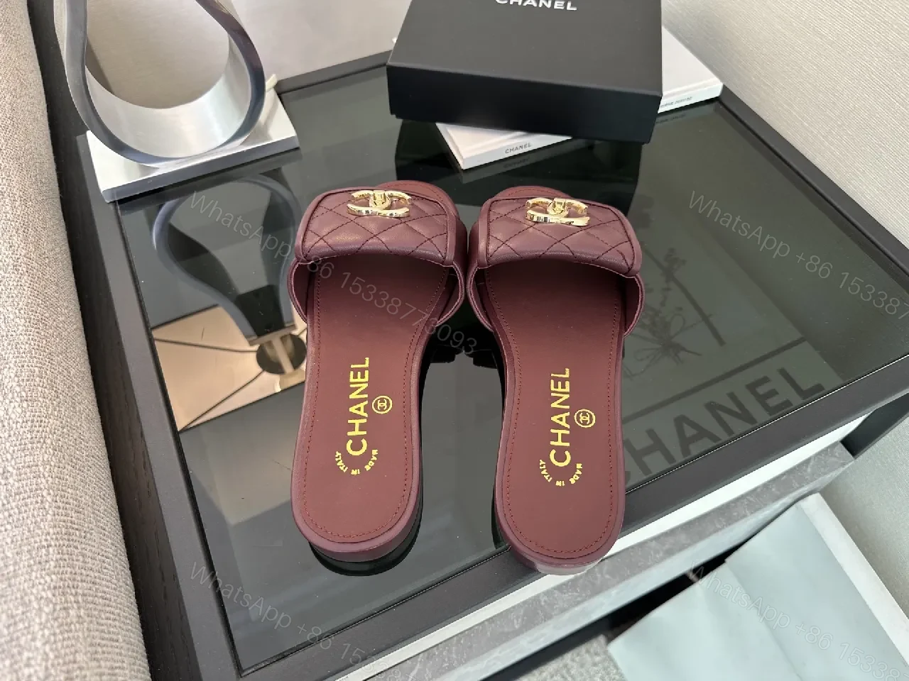 View 5 of Rich Burgundy Quilted Slip-Ons with Gold Emblem