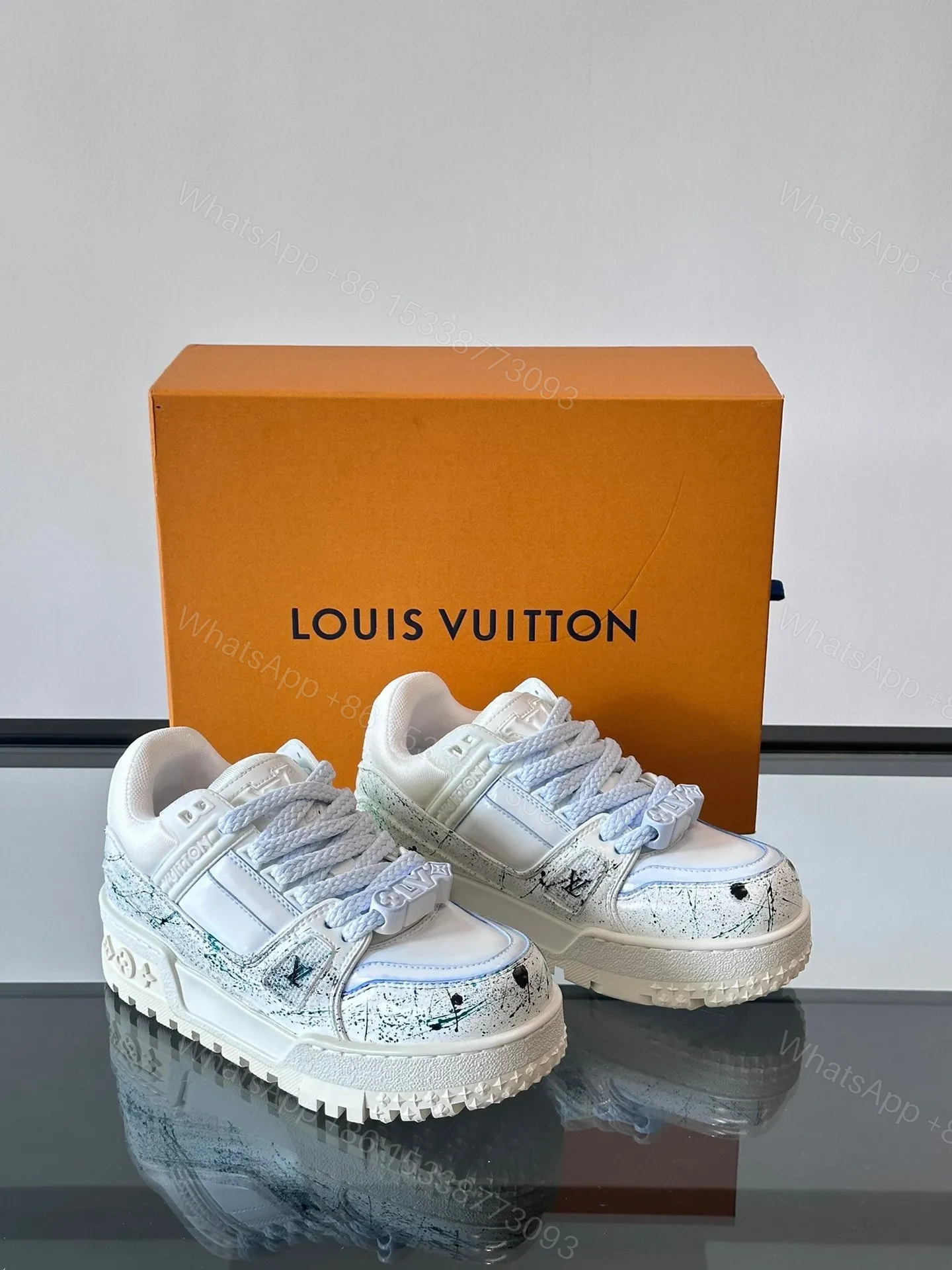 View 5 of LV Men White Leather Painted Sneakers