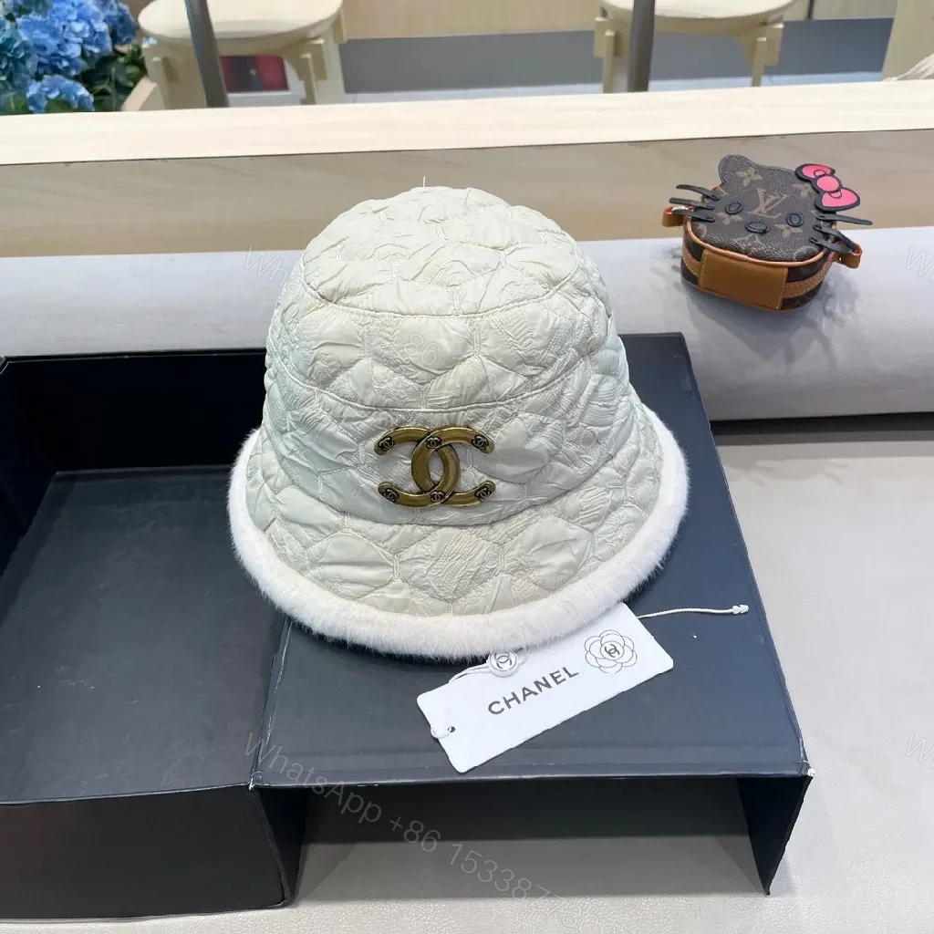 View 2 of Quilted Fur-Trim Visor Beanie – Luxe Chanel-Style Warmth
