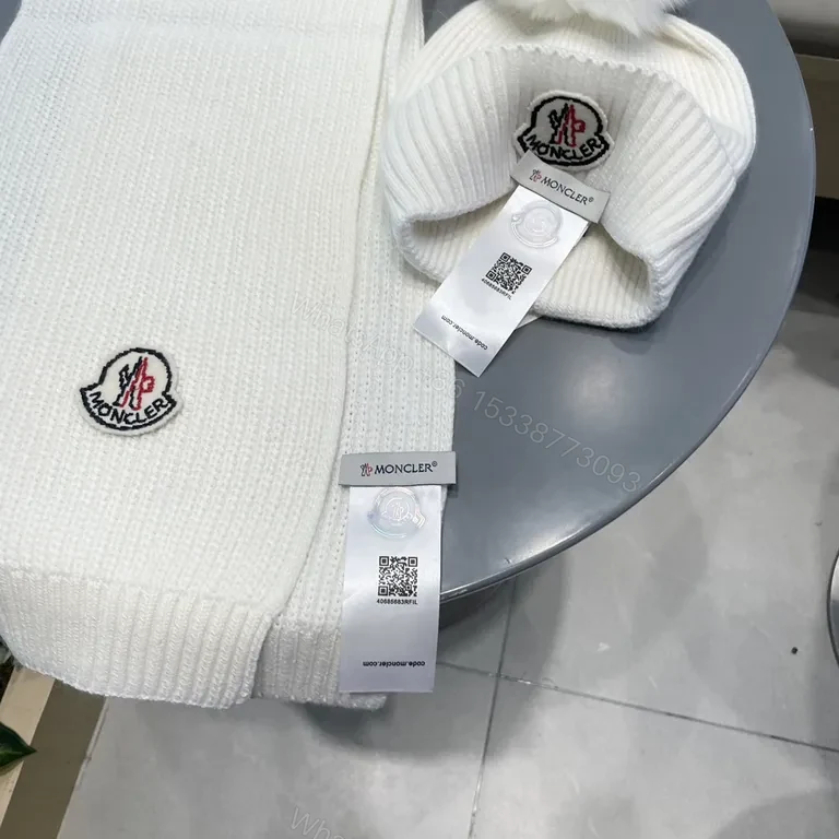 View 3 of Cozy Luxe Knit Set: White Beanie & Scarf with Moncler Patch