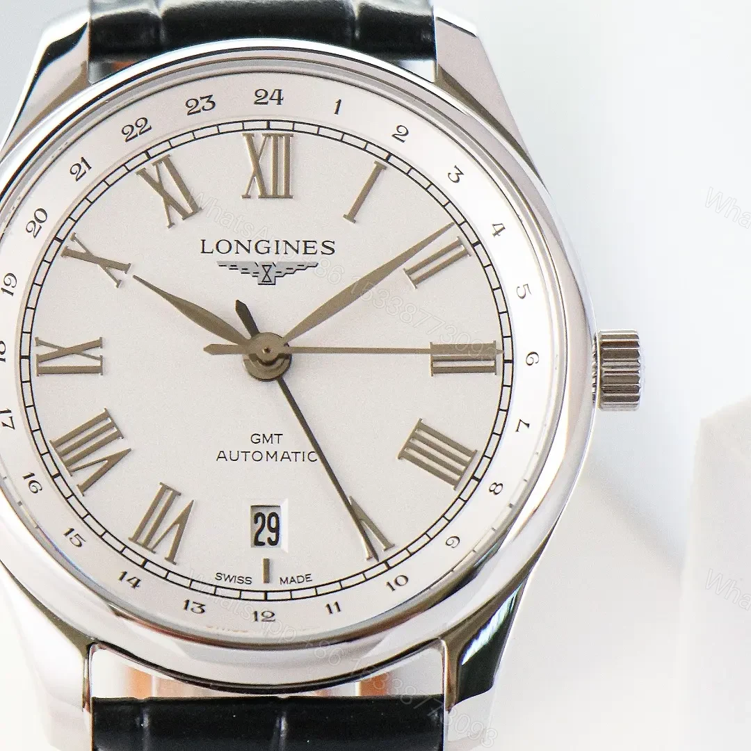View 3 of Longines Master Classic Reproduction GMT Dual Time Watch White Dial Black Leather Strap Roman Numerals