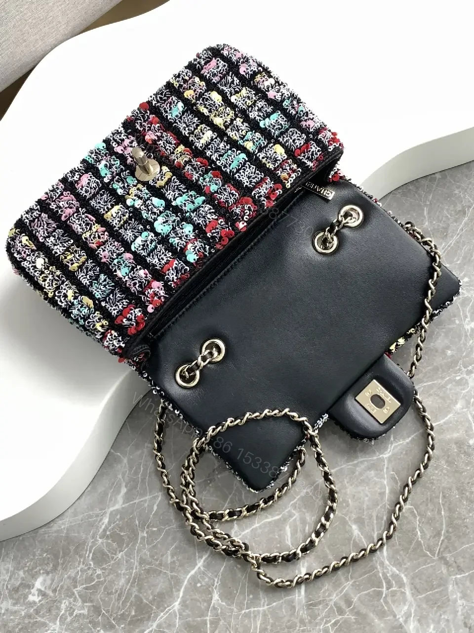 View 5 of Multicolor Tweed Chain-Shoulder Bag with CC Logo Clasp