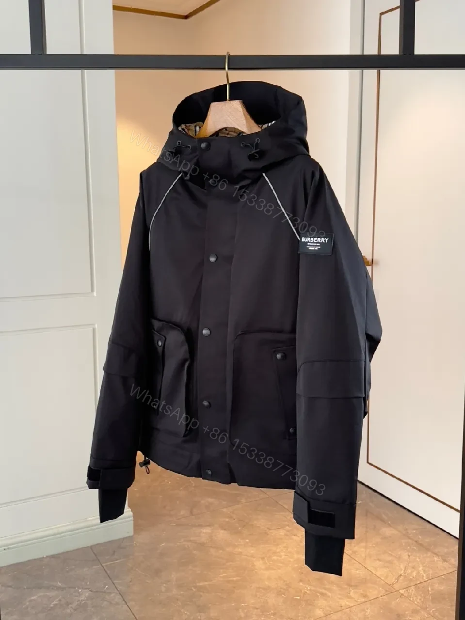 View 7 of Water-Resistant Black Parka with Plaid Lining Luxury-Utility Coat