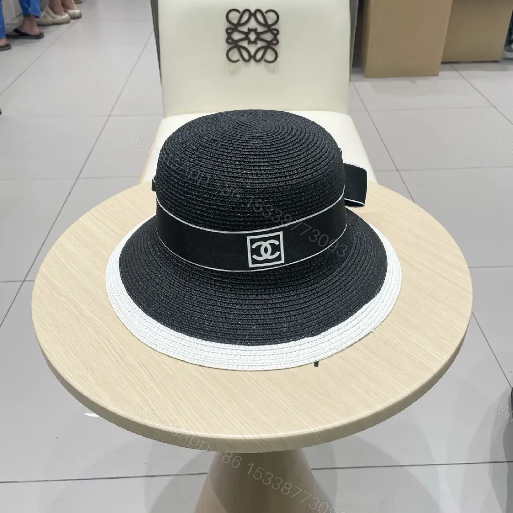 View 6 of Black-White Straw Hat with Ribbon Flower Accent - Sun Ready Couture-style Hat