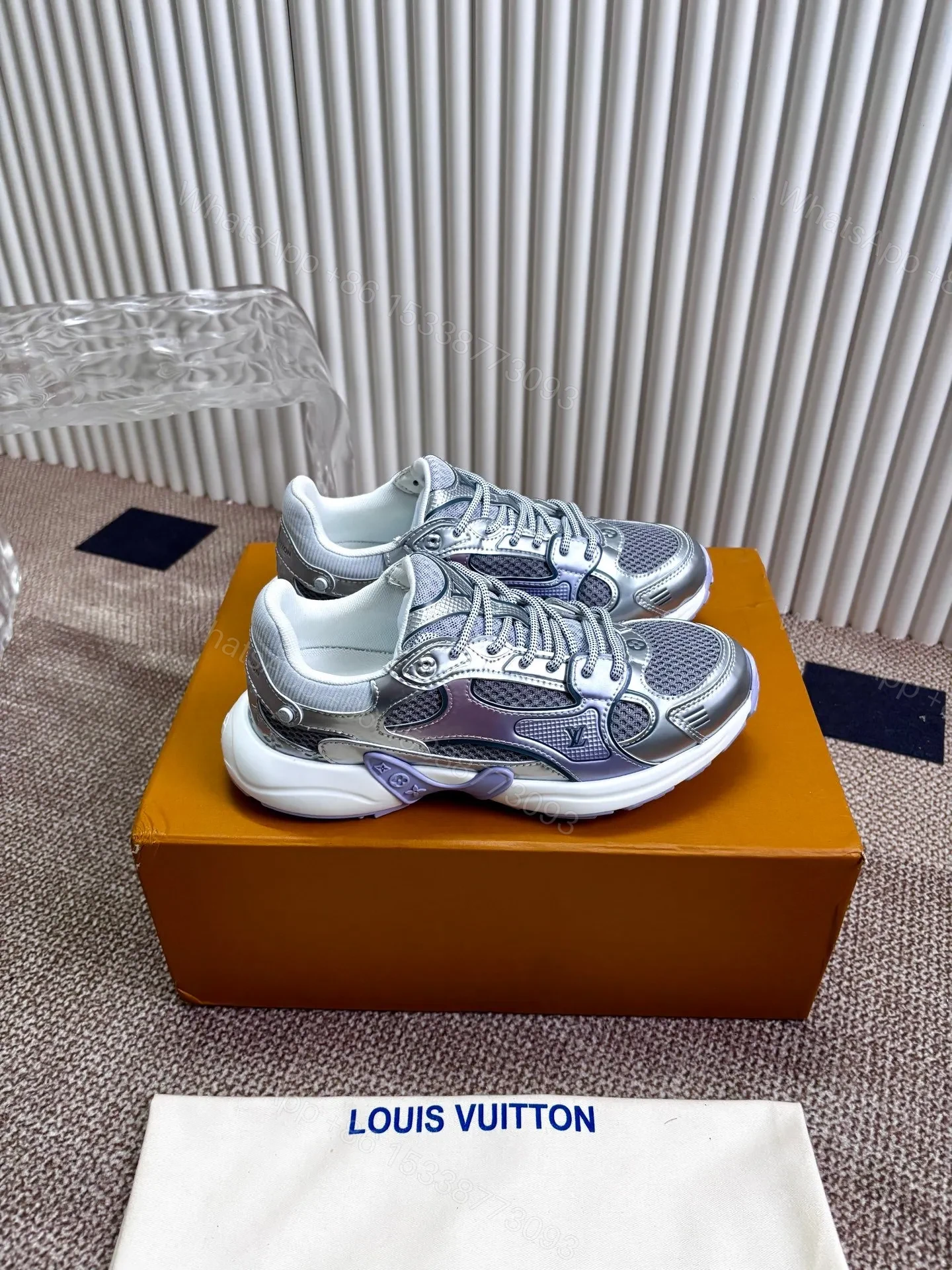 View 4 of LV Women Silver Mesh And Leather Sneakers