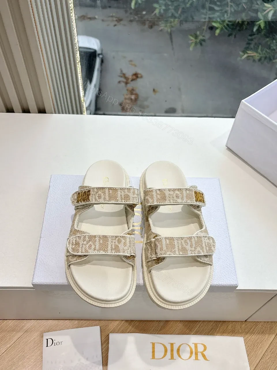 View 3 of Beige Monogram Strapped Slides: Elevated Comfort