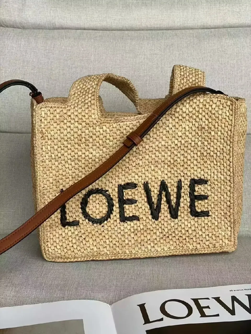 View 2 of Natural Straw Tote with Bold LOEWE Lettering Signature Carryall
