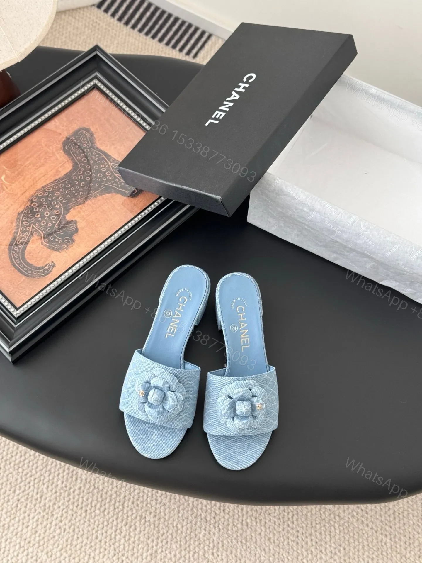 Chanel Women Light Blue Fabric Floral Slide Sandals — view 1