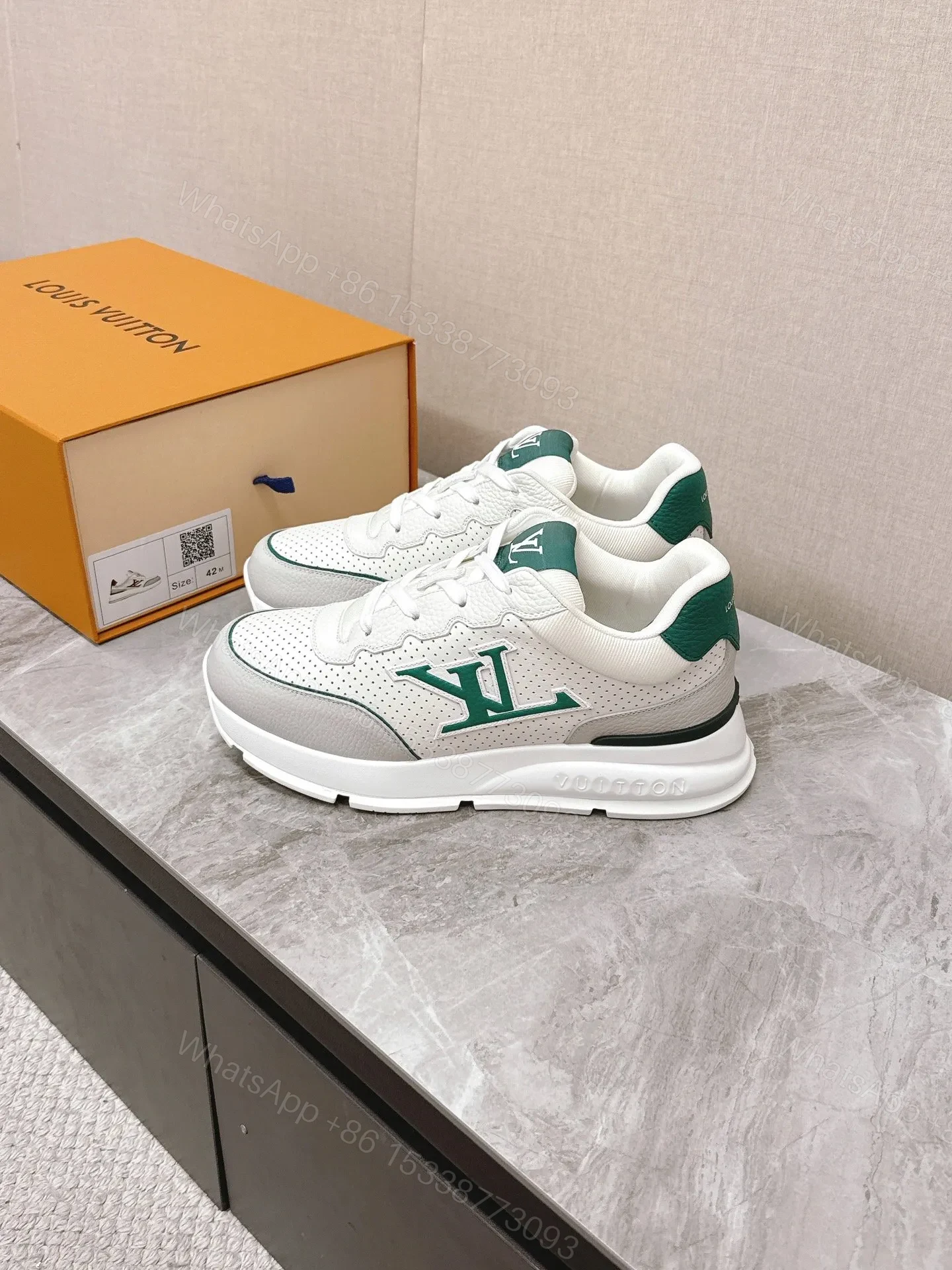 View 5 of LV Women White Leather Green Accent Sneakers