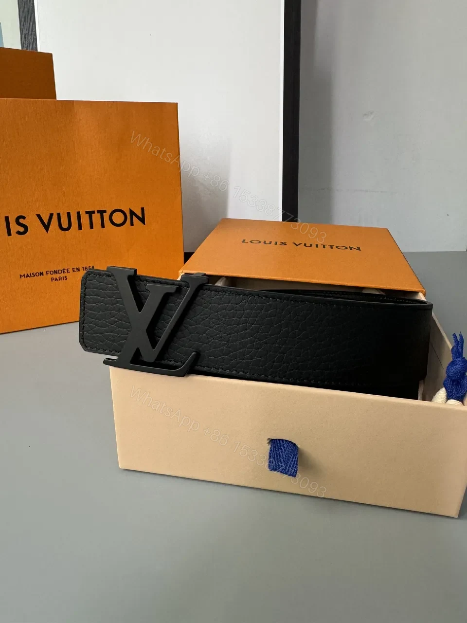 View 5 of Minimalist Black Leather Belt with Subtle LV Buckle