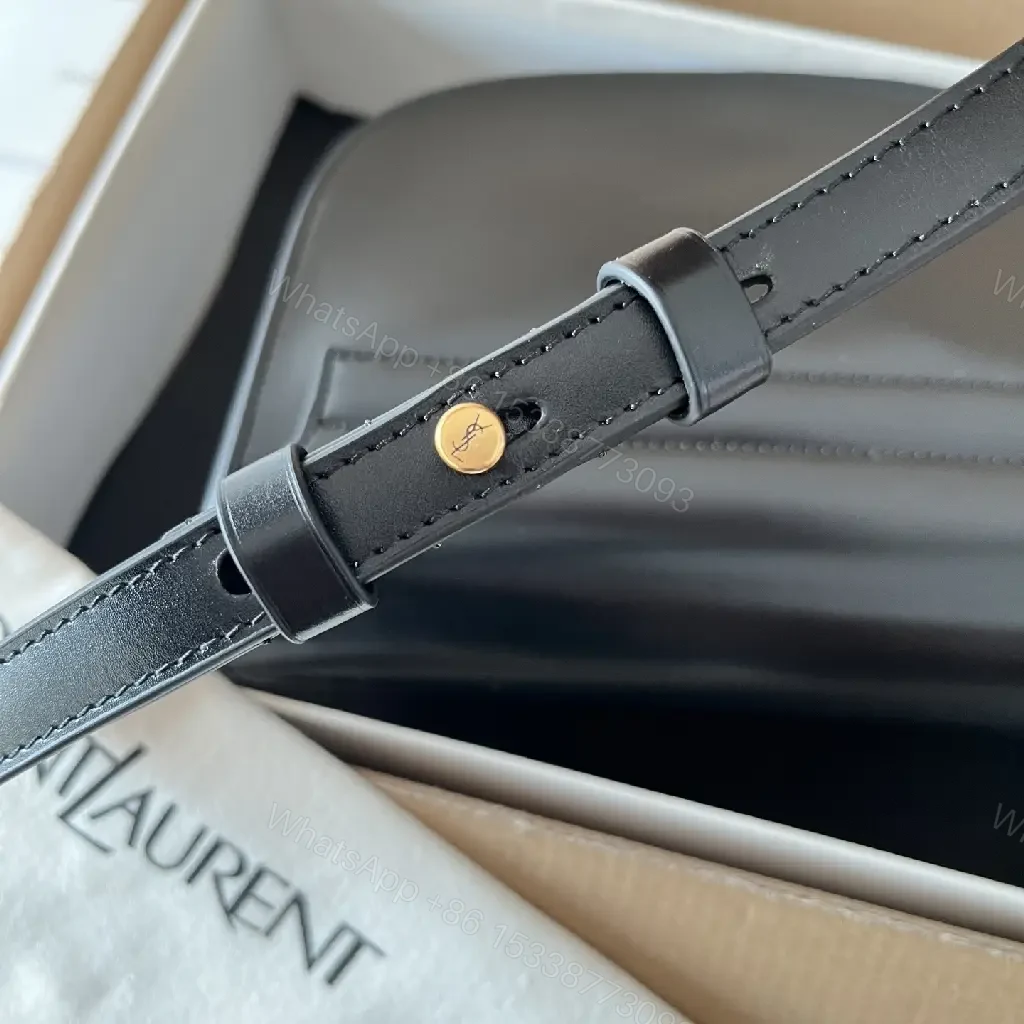 View 2 of Compact Black Leather Crossbody: Gold YSL-Inspired Minimalist Bag