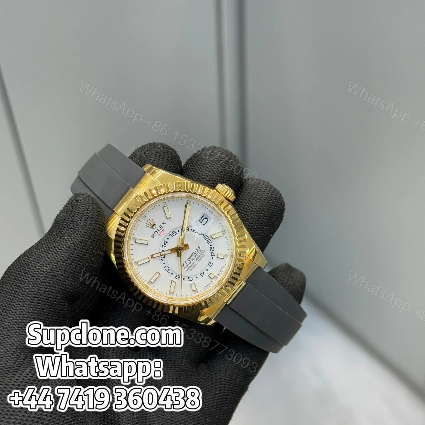 View 2 of Rolex Sky-Dweller 42mm Super Clone 1:1 – Yellow Gold White Dial Oysterflex Strap