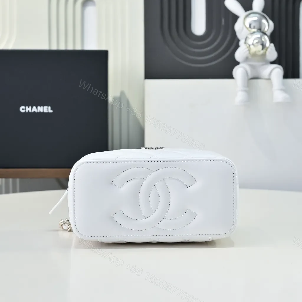 View 5 of Compact White Quilted Crossbody with Silver Chain Emblem
