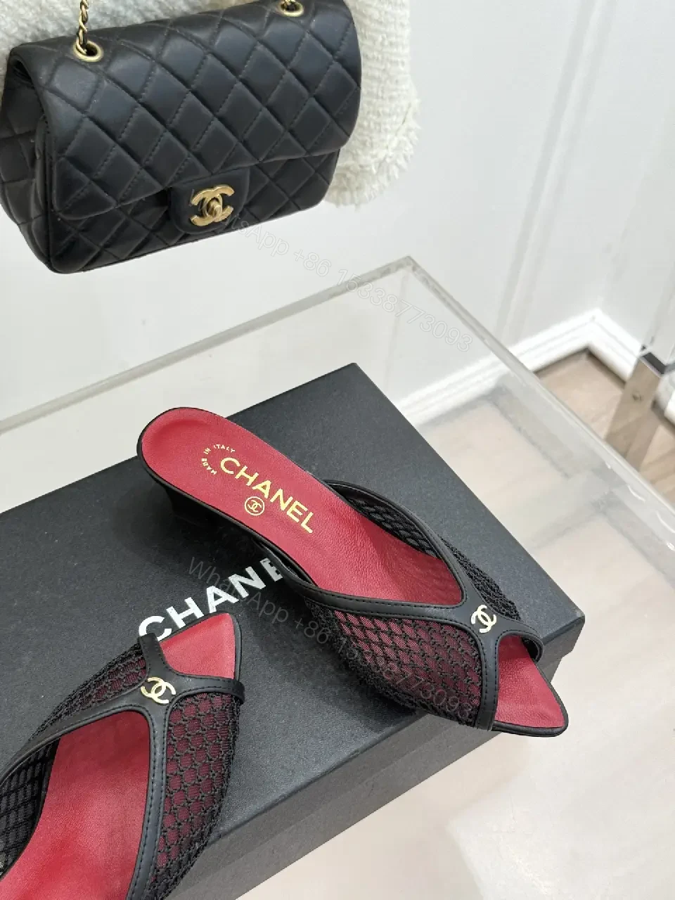 View 5 of Red/Black Satin Mesh Slip-On Heels Quilted Chain Bag (Chanel-inspired)