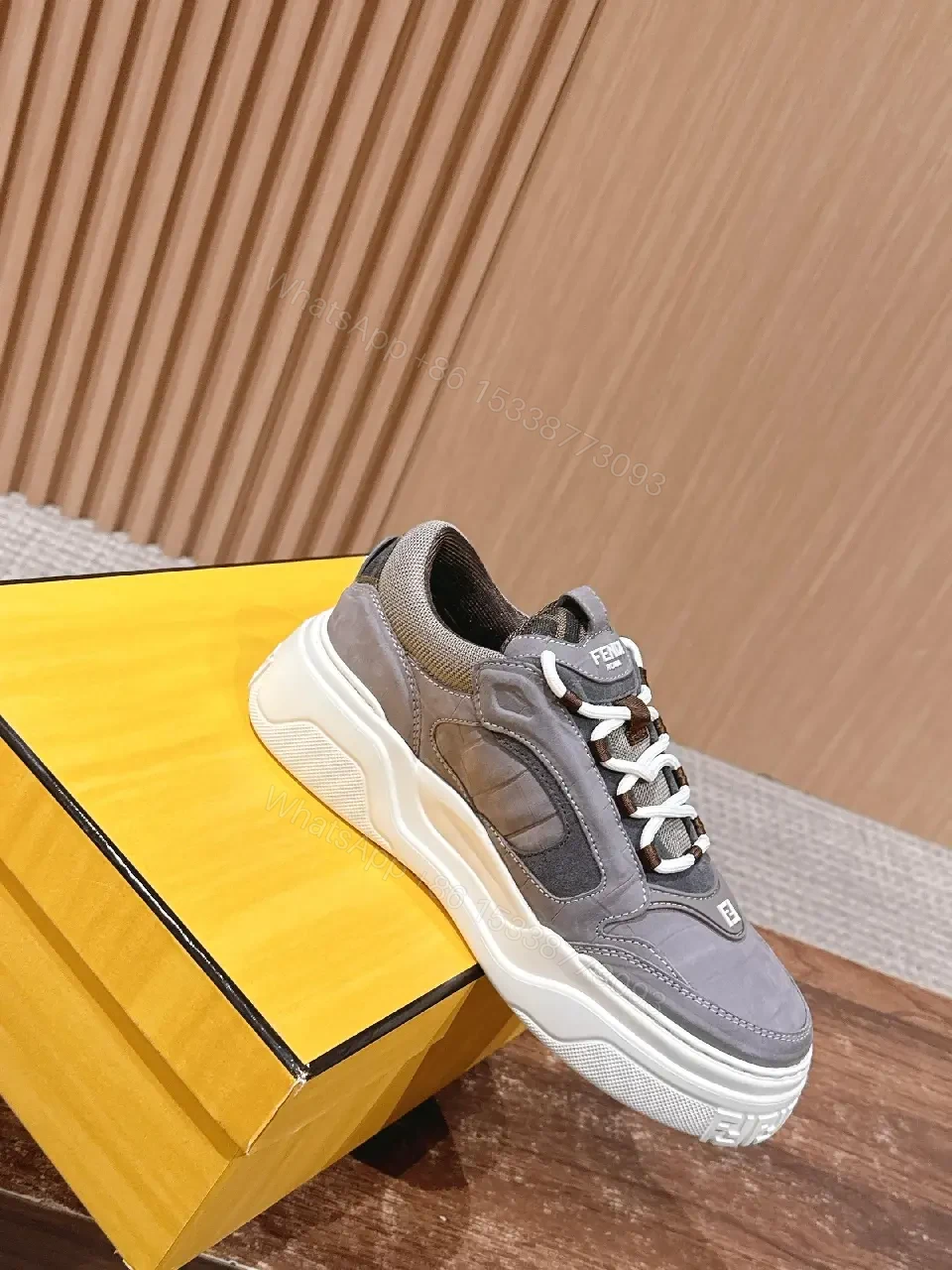 View 7 of Gray LeatherMesh Shoes Chunky Style Cushioned Sole Sneaker