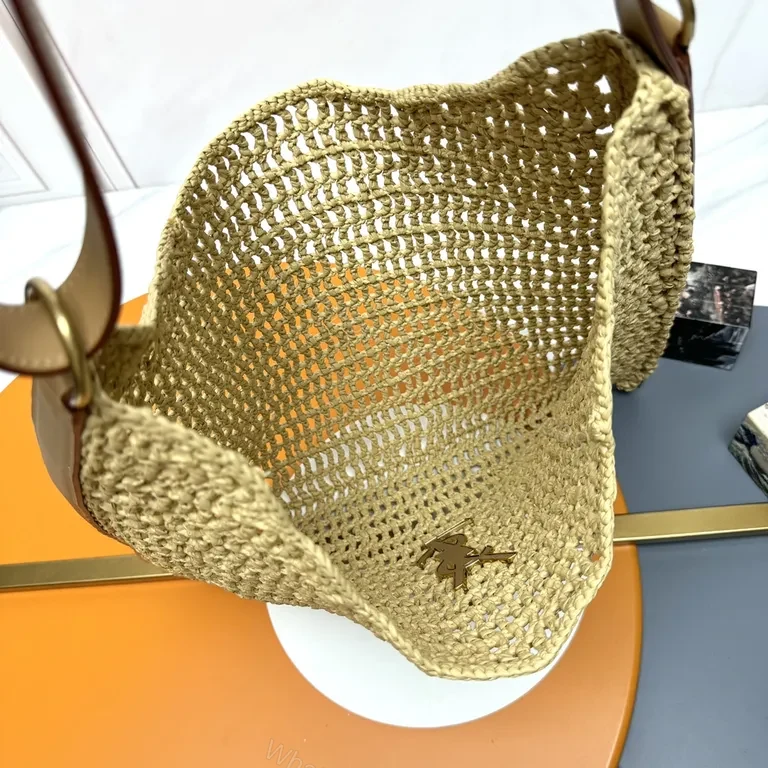 View 3 of Natural Tan Woven Straw Shoulder Bag â€” Luxury, Breathable, YSL Emblem