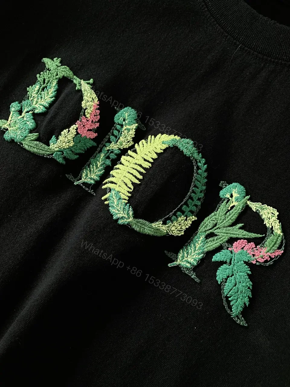 View 10 of Black Cotton Dior T Shirt Embroidered Leaf Logo Tee