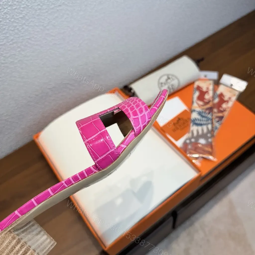 View 3 of Pink Croc-Embossed Sandals with Buckle – Hermès Style Slide