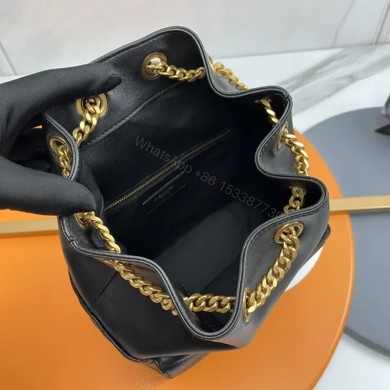 View 5 of Chic Leather Quilted Bucket Bag with Gold Monogram