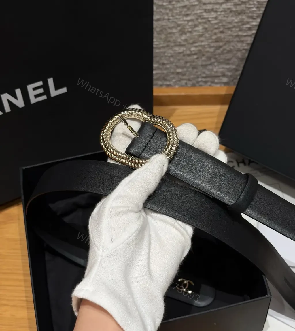 View 2 of Black Leather Belt Luxury Crystals Oval Buckle with Chanel Logo