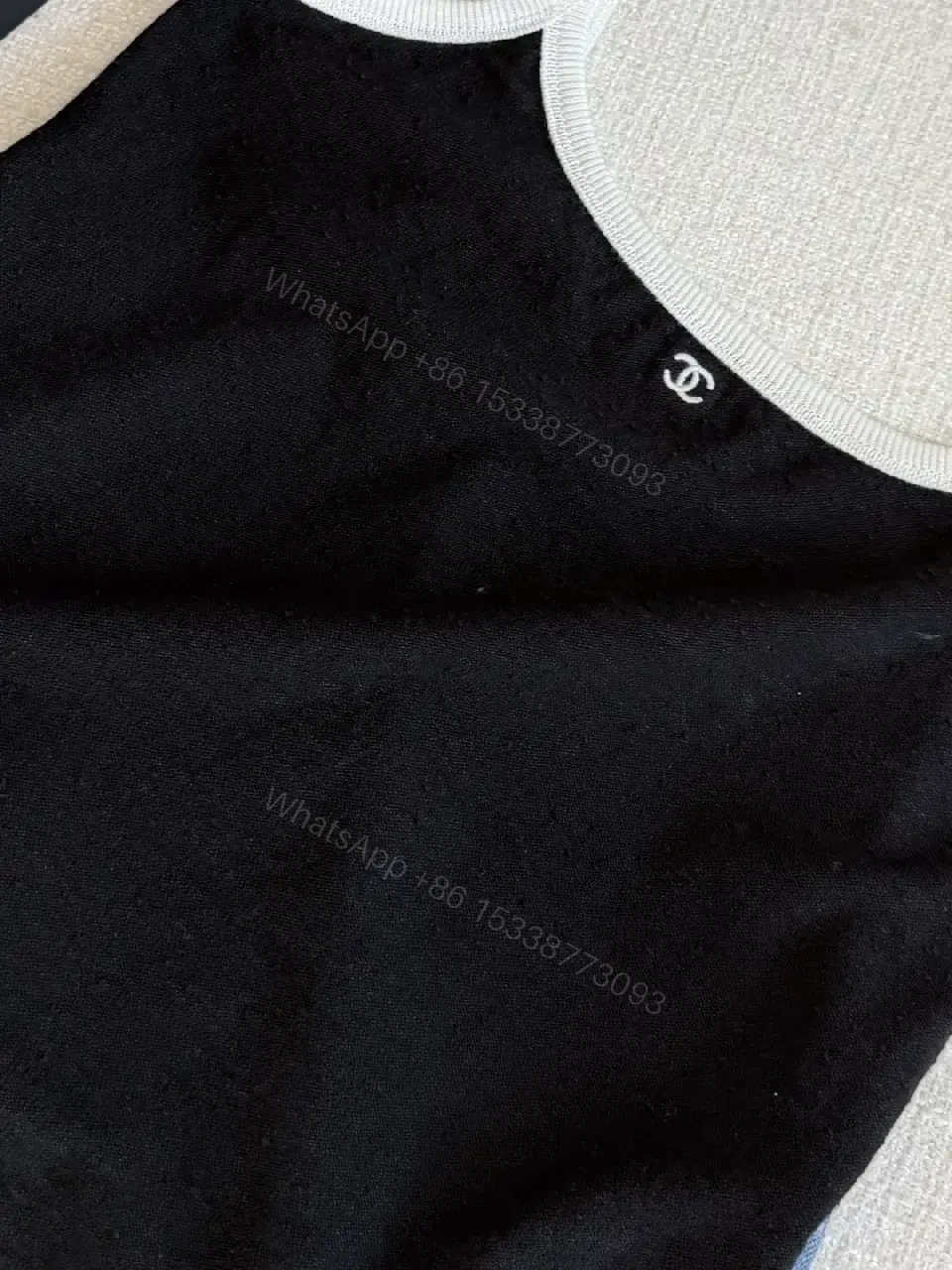 View 5 of Black Top with White Trim Sleeveless Camisole - Chanel Logo Detail