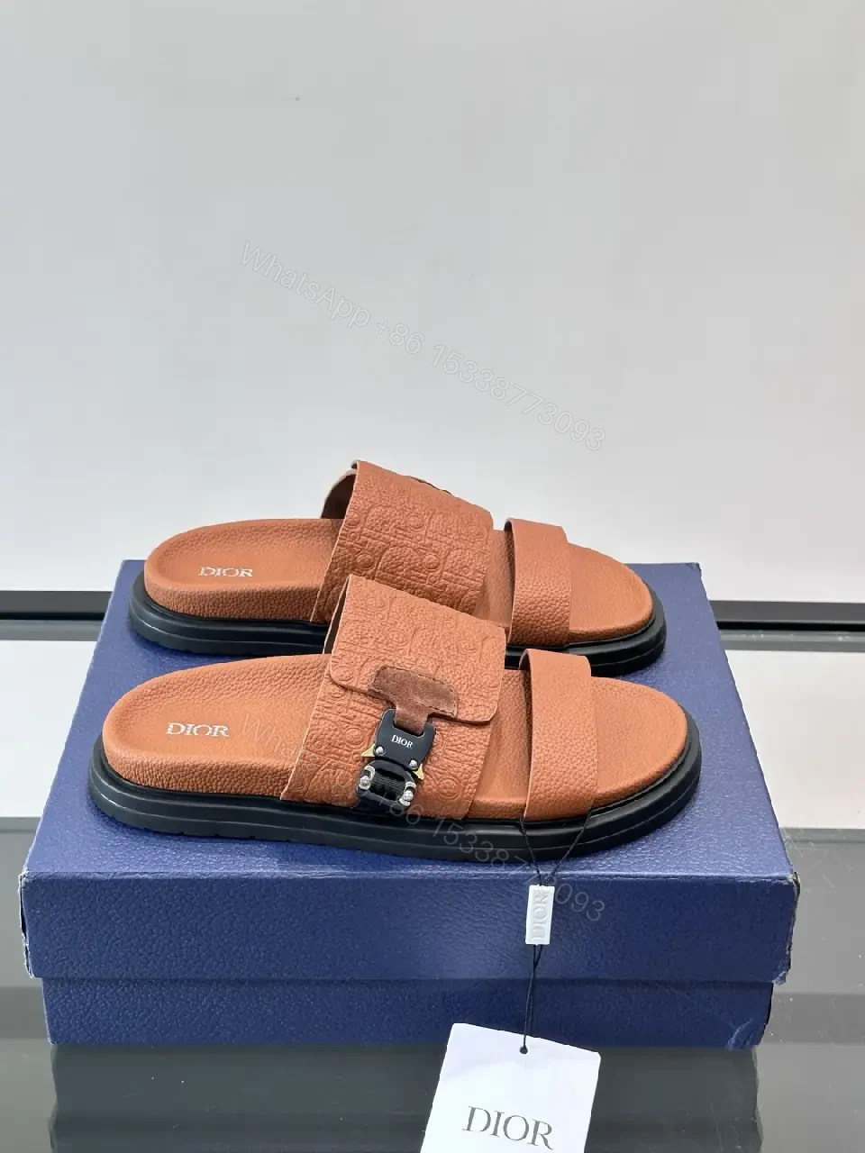 View 3 of Brown Leather Sandals Dior Embossed Classic Slide Buckle Strap Sandals