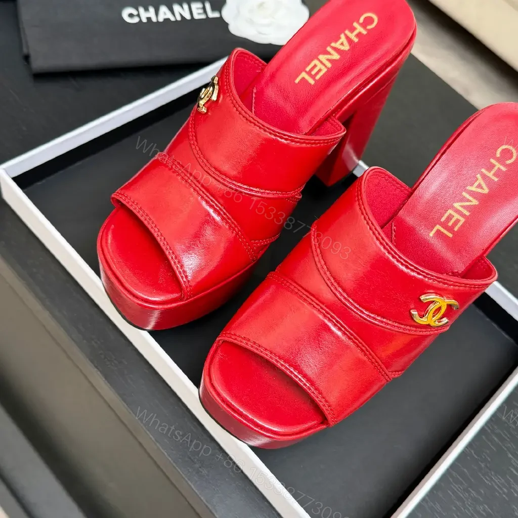 View 5 of Bold Red Patent Platform Mules with Luxe Logo Hardware