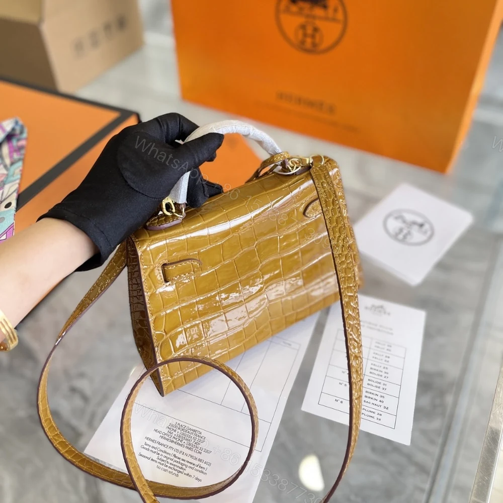 View 3 of Hermes Mini Kelly Handbag Alligator Brown 22Cm