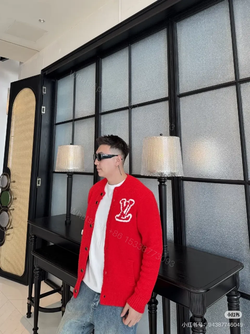 View 5 of Bold Red Cardigan with Luxe Logo Emblem - Cozy, Everyday Chic