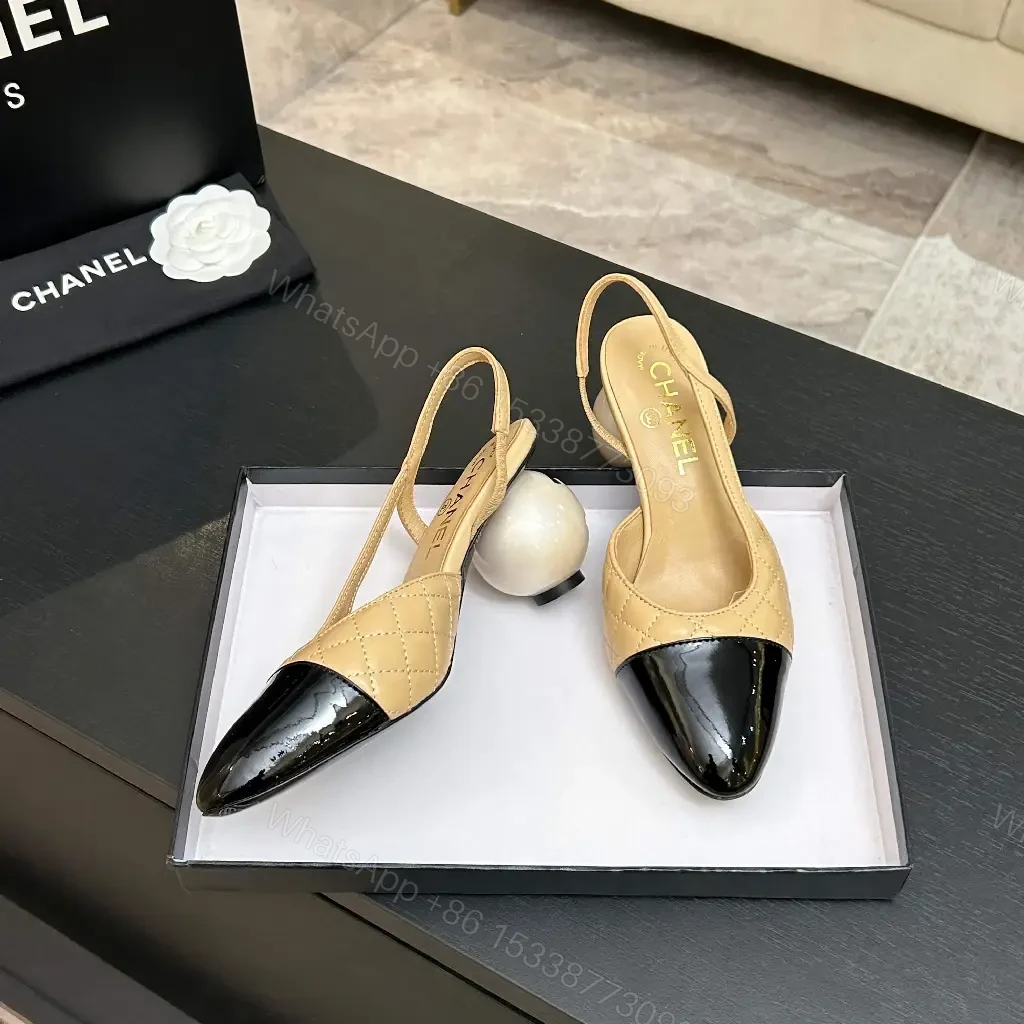 View 9 of Quilted Nude Slingback Pumps with Black Cap Toe and Spherical Heel