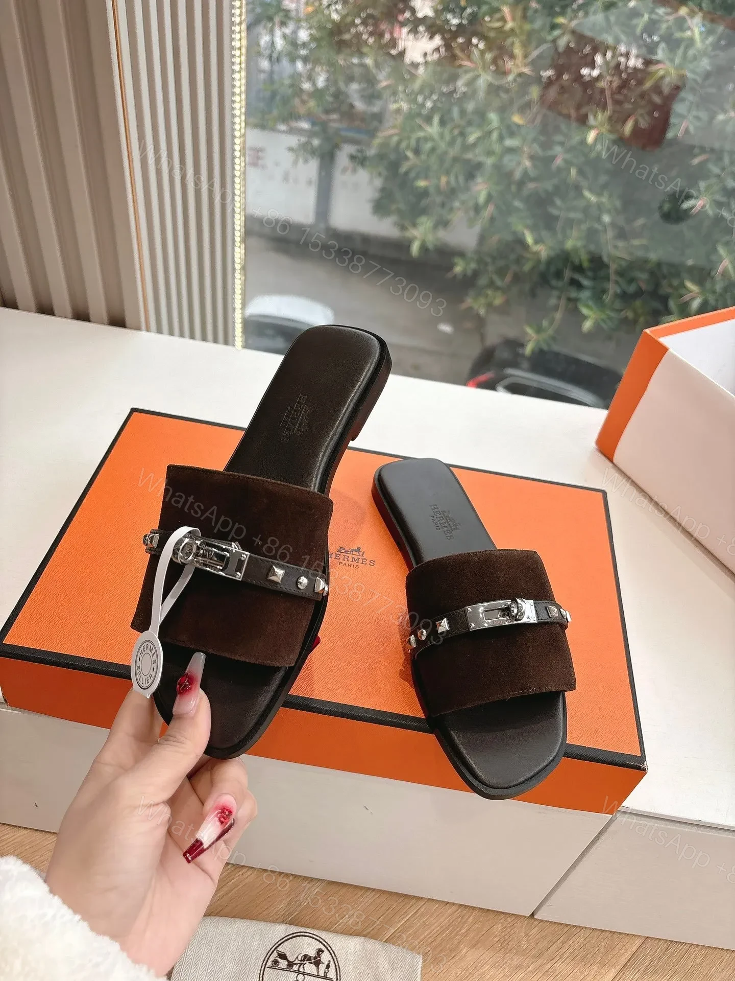 View 6 of Hermes Women Dark Brown Suede Leather Strap Mules